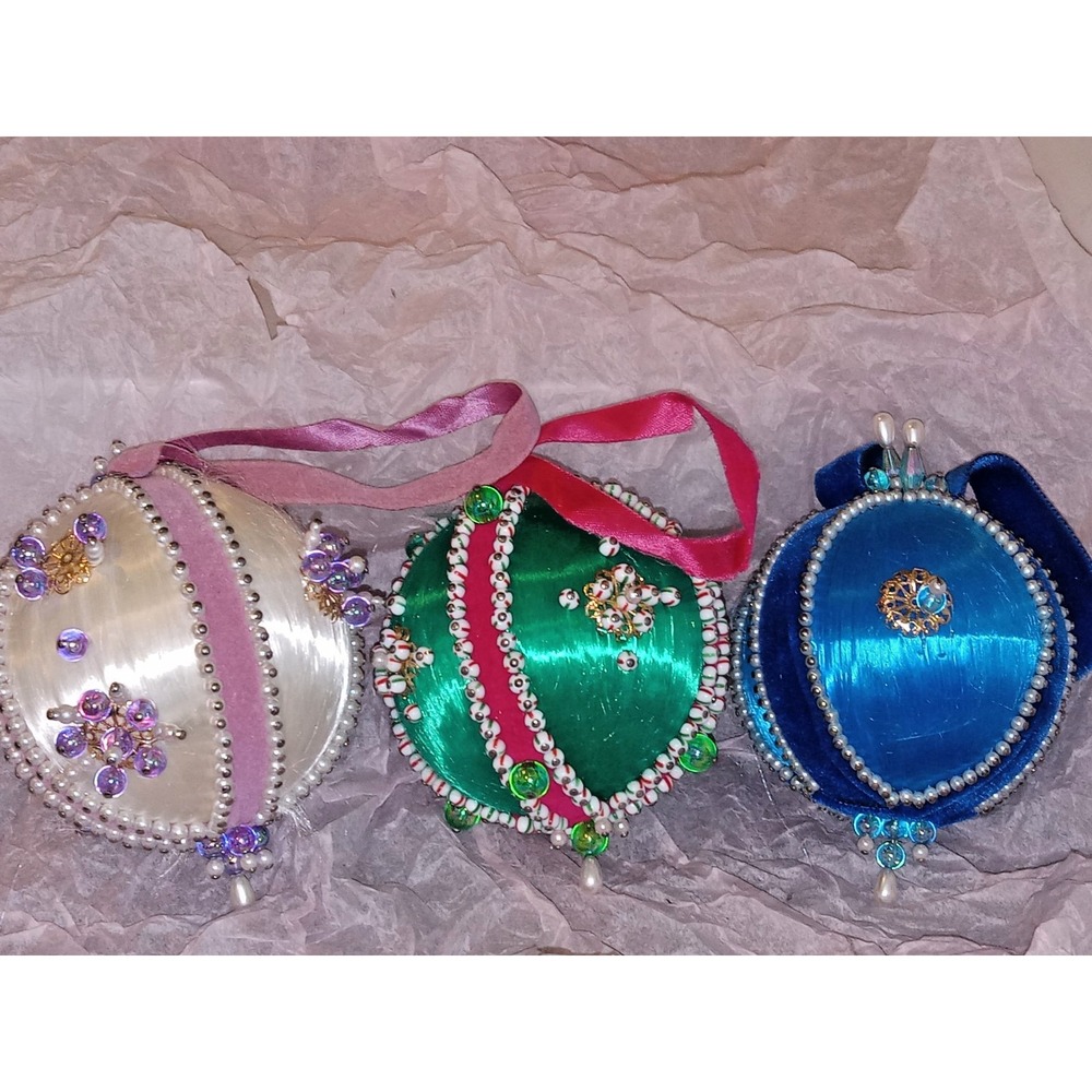 3 Vtg Beaded Push Pin Sequin Satin Christmas Ornaments Retro Kitsch Nostalgia